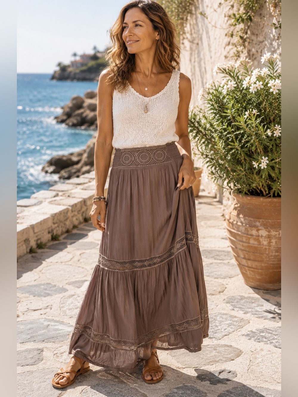 Solitaire By Ravi Khosla Brown Boho Tiered Maxi Skirt L Anthropologie Inspired